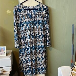 KEREN hart Blue and White Geometric Long Sleeve Dress